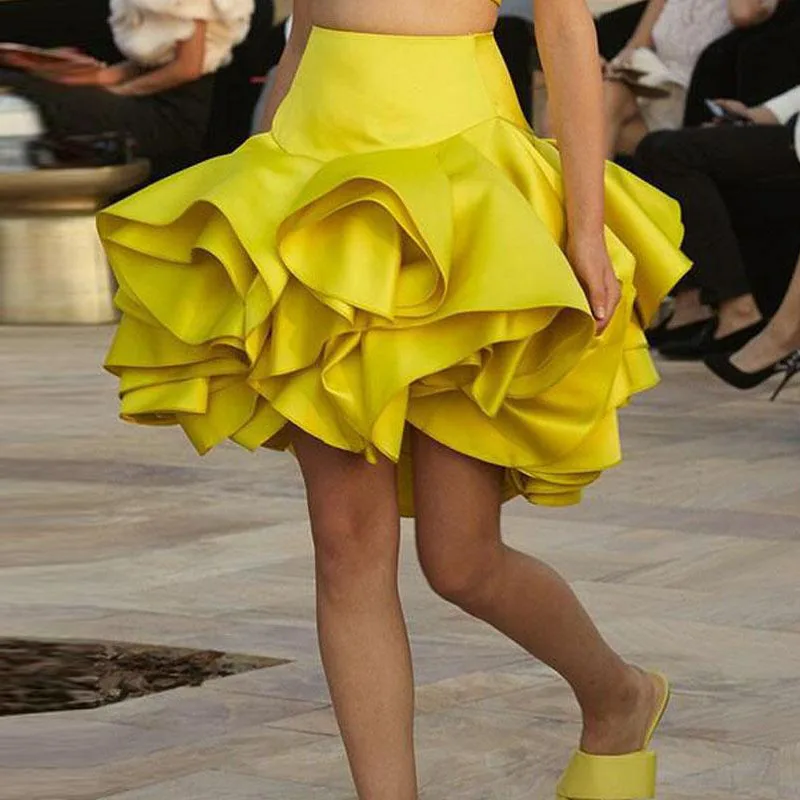 

High End Ruffled Satin Skirt Yellow Ruched Lolita Faldas Saia Custom Made Fashion Women Midi Skirt Hippie Style Prom Party Skirt