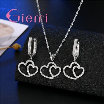 

Two Love Togehter Cubic Zirconia Romantic 925 Sterling Silver Necklaces Earrings Crystal Jewelry Sets For Women Present