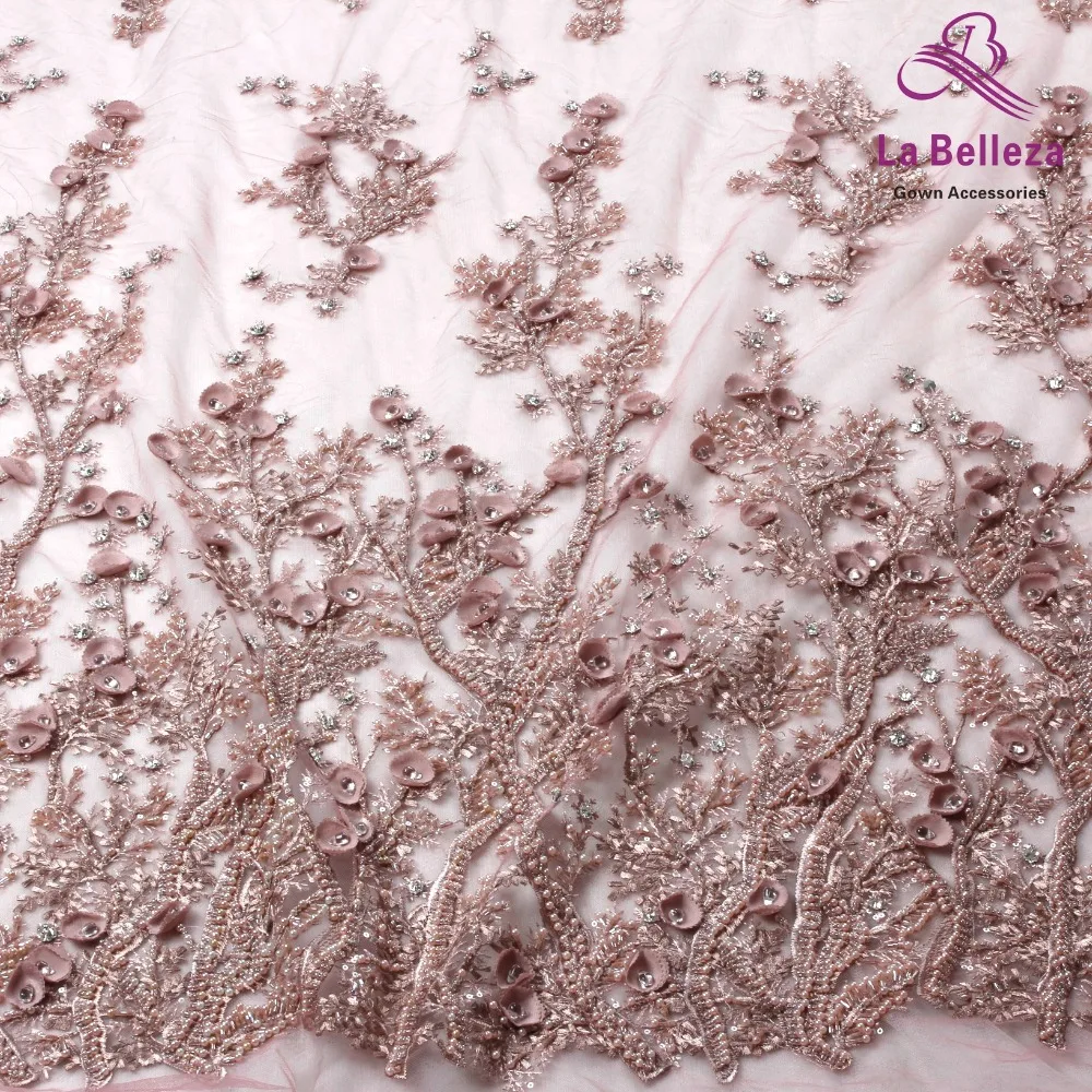 La Belleza handmade beaded crystal ivory 3D flowers evening ddress lace fabric 1 yard SNB3D801