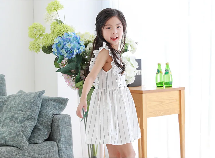 Yeediosn Summer Beach Kids Dresses For Girls Cotton Striped Girls Princess Dress Sleeveless Ruffles Children White Girl Costume (16)