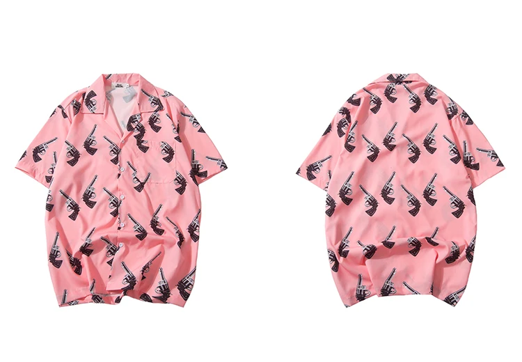 Рубашки в стиле хип-хоп, уличная Мужская гавайская рубашка с принтом пистолета, летняя пляжная рубашка Harajuku, тонкие розовые Топы с коротким рукавом, Новинка