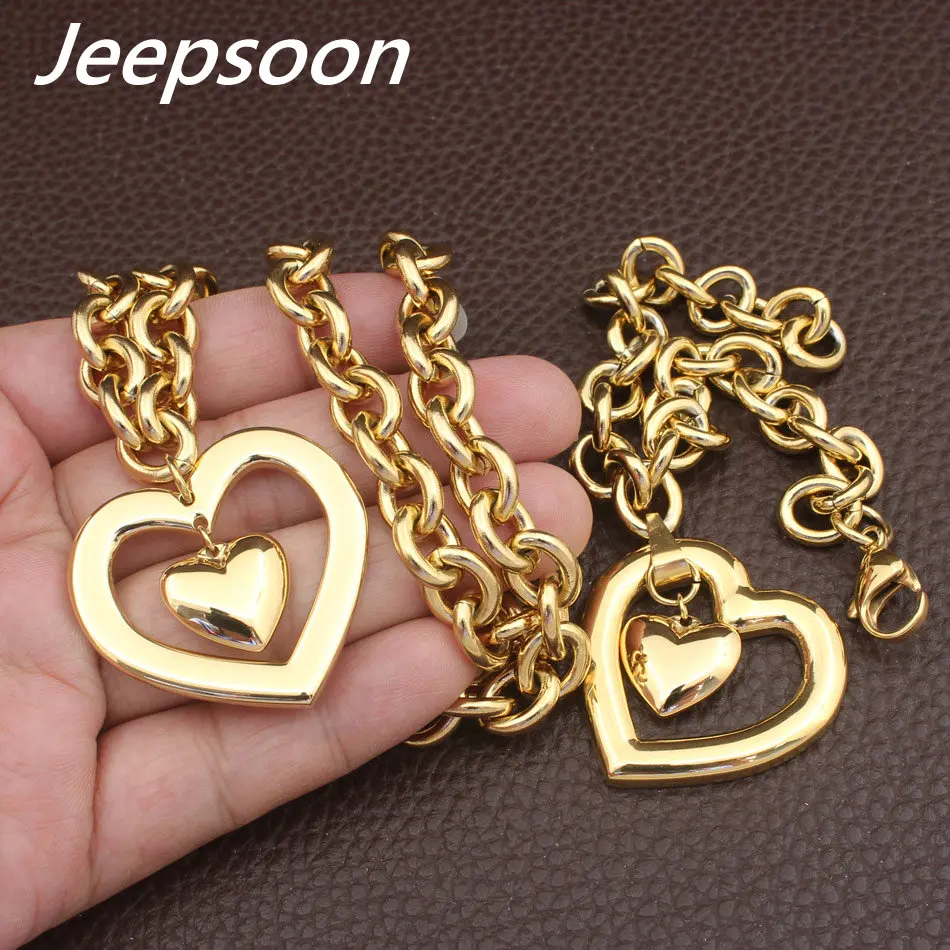 HOT Stainless Steel fashion Heart Jewelry gold color Necklace Bracelet stud earrings sets for women SBJFLVDC - Image 5