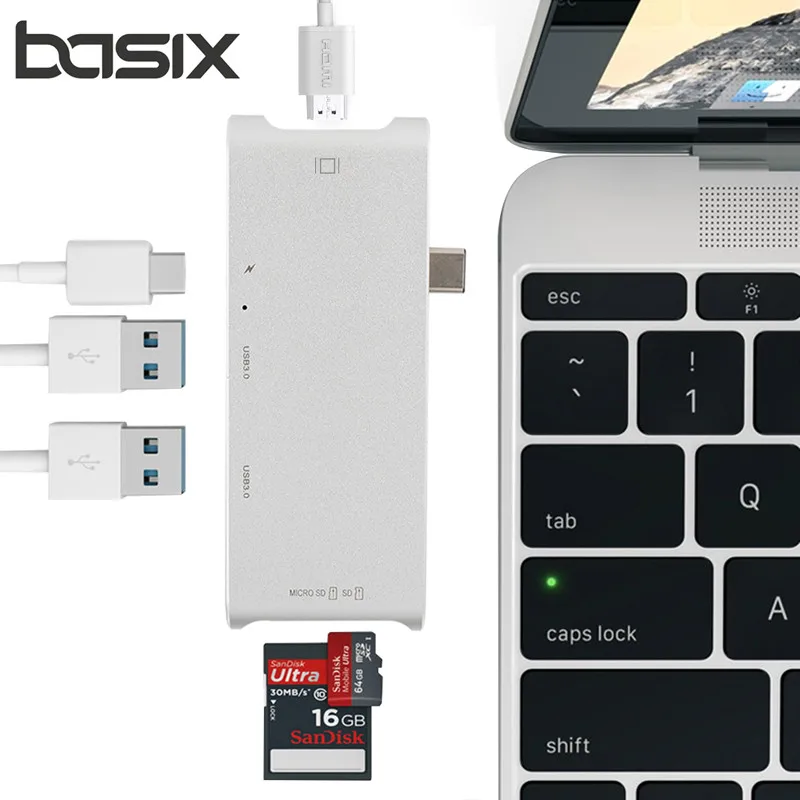 

BASIX Type C Hub Adapter with 4K HDMI HD Output, 2 *USB 3.0 hubs with SD Micro SD Card reader and a Charging port for MacBookPro