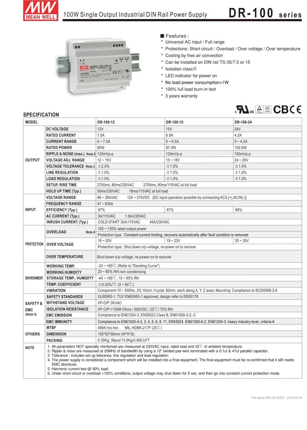 Блок питания 12в Подлинная Meanwell DR-100-12 AC/DC Один Выход 100 Вт 12 В 7.5A Промышленные Din-рейку Питания 12 В импульсный источник Питания Драйвера