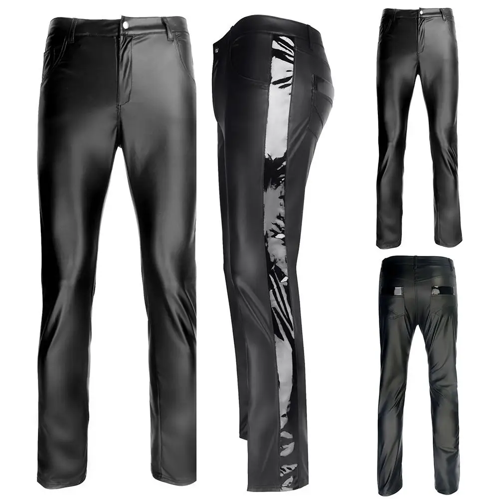 В стиле панк для мужчин брюки Тощий мото Байкер черные кожаные брюки ночной клуб Gogoboy флирт Униформа яркие боковые полосы карандаш брюки