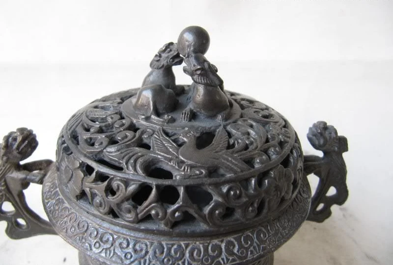 

Tibet Buddhism Pure bronze Copper Two Dargons Foo Dog Incense burner Censer