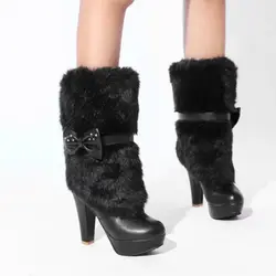 Зимние женские сапоги на меху, женские модные тонкие теплые сапоги на высоком каблуке, большие размеры, botas mujer NB207