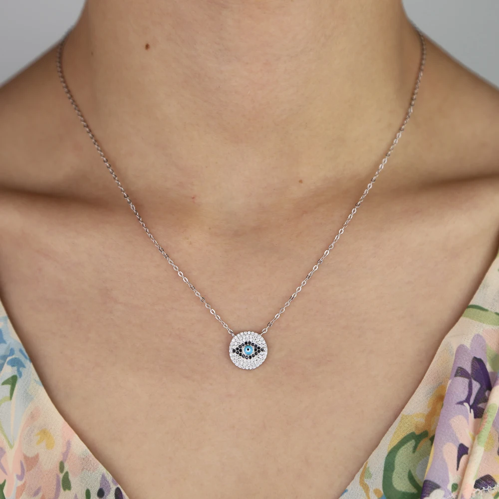 

Simple geometric Round disk pendant micro pave evil eye shape 925 sterling silver cz eye necklace