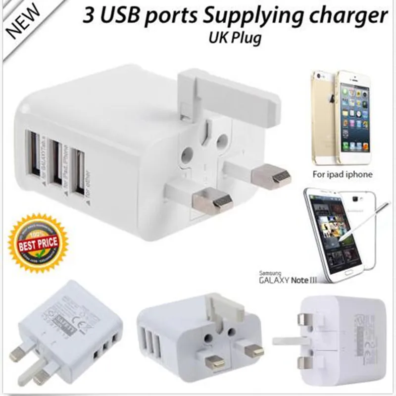 UK Plug True 3A 3 Ports USB Power AC Wall Charger Travel