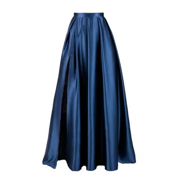 

High Waist Dark Navy Formal Skirts With Slit Satin Floor Length Women Evening Prom Party Skirts Sexy Split Maxi Skirts Zipper Up