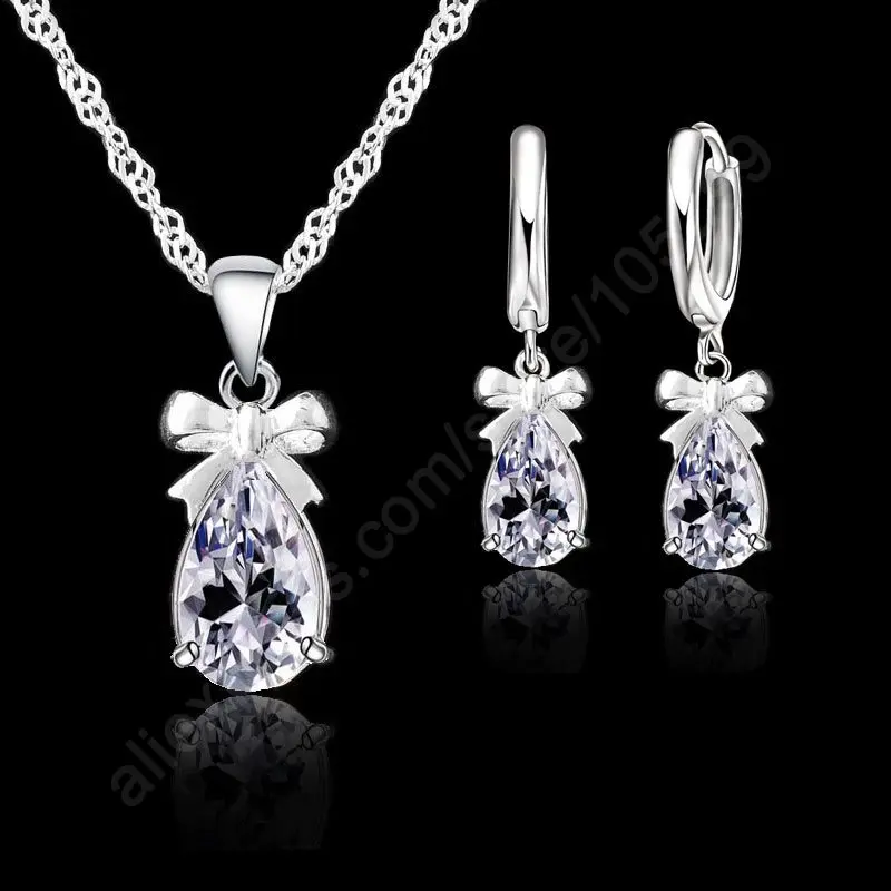 New Latest Gift Set 925 Real Sterling Silver With White Cubic Zirconia Dangle Earring Pendant Necklace