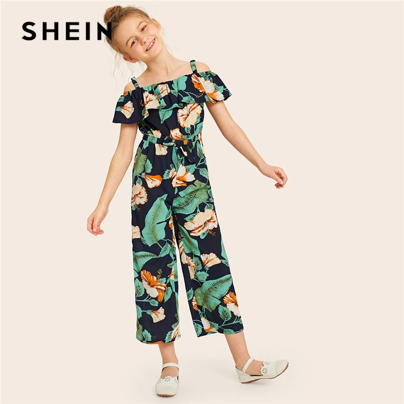 

SHEIN Kiddie Cold Shoulder Floral Ruffle Trim Elastic Knot Waist Boho Jumpsuit 2019 Summer Holiday Straight Leg Girls Jumpsuits