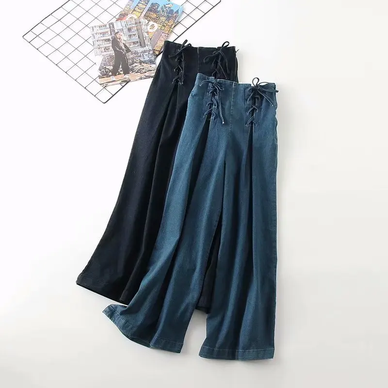 

Causal High Waist Denim Wide Leg Pants Loose Women Blue Causal Washed Elastic Tied Pants
