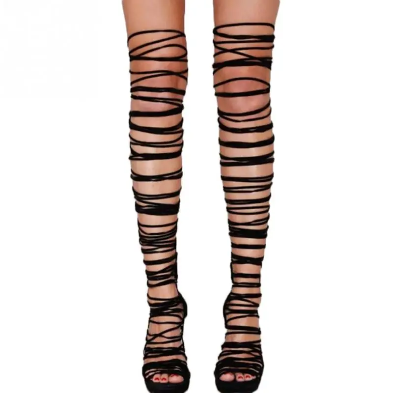 

Women Lace Up Strappy Knee High Boots Gladiator Roman Sandals Open Toe Cut Out Fringe Fetish Shoes Stilettos Pumps #0910