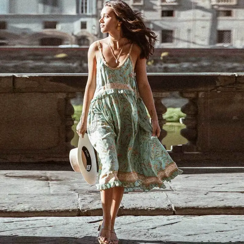 Image BOHO INSPIRED Vintage Turquoise strappy dress frill panel gypsy summer dresses V neck sleeveless chic beach dress women 2019
