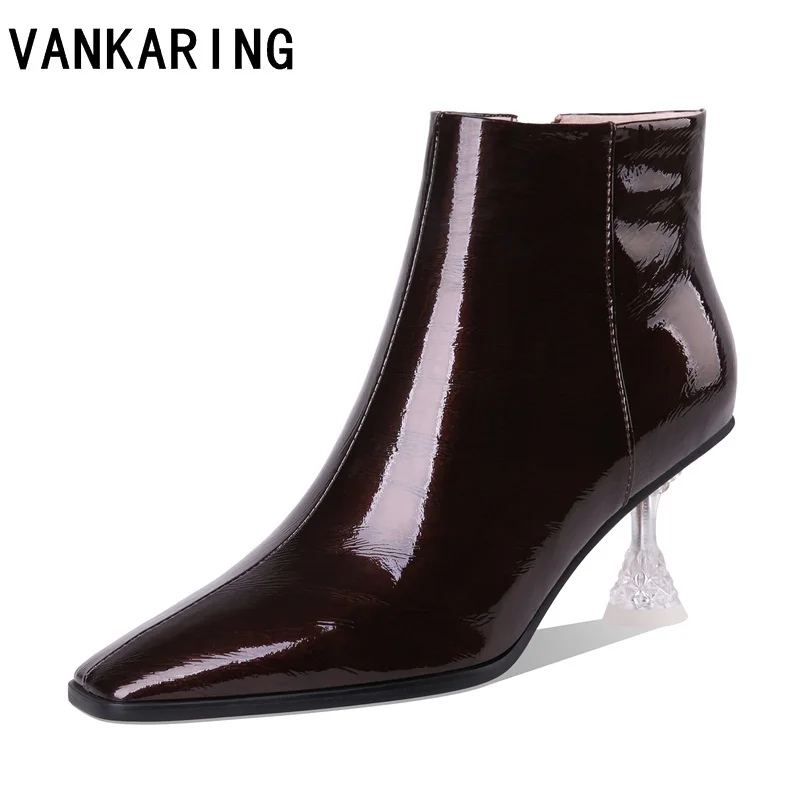 

genuine leather footwear new arrival transparent crystal heel ankle boots rubber riding feminine shoes women's high heels bootie