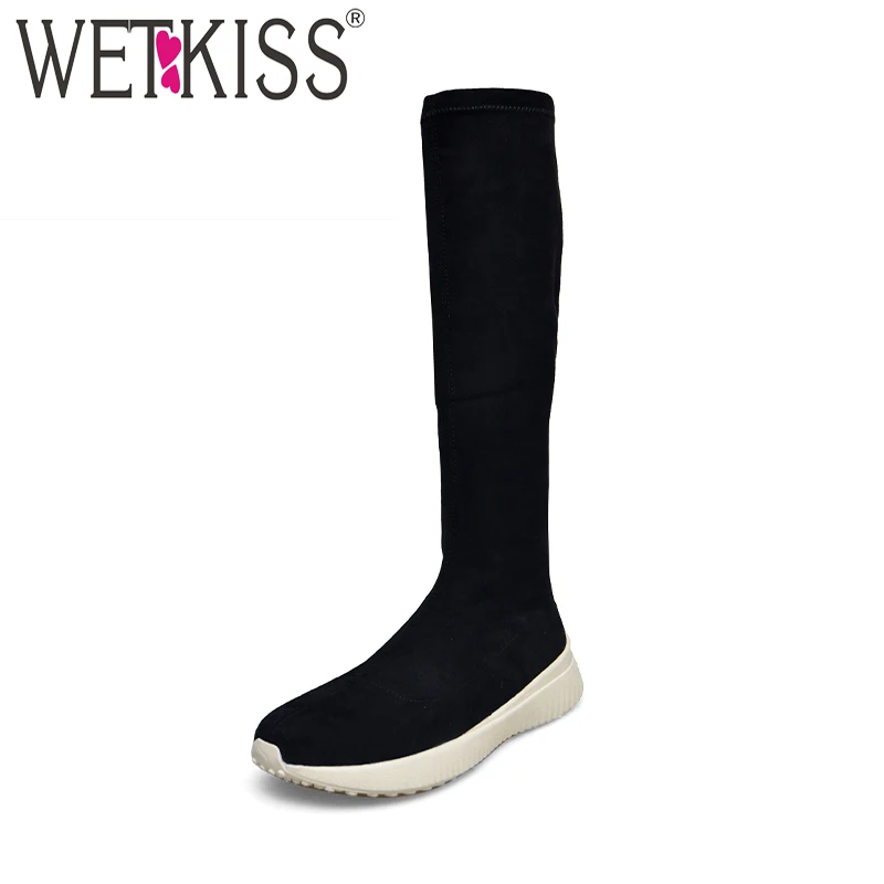 

WETKISS Fur Suede Knee High Women Boots Round Toe Footwear Stretch Female Boots Flat Sole Platform Shoes Woman Autumn 2018 New