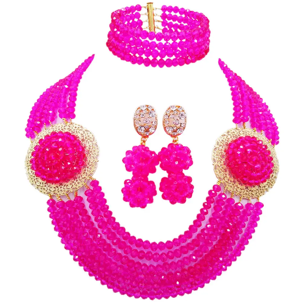 Fashion Fuchsia Pink African Beads Jewelry Set For Women Crystal Beaded