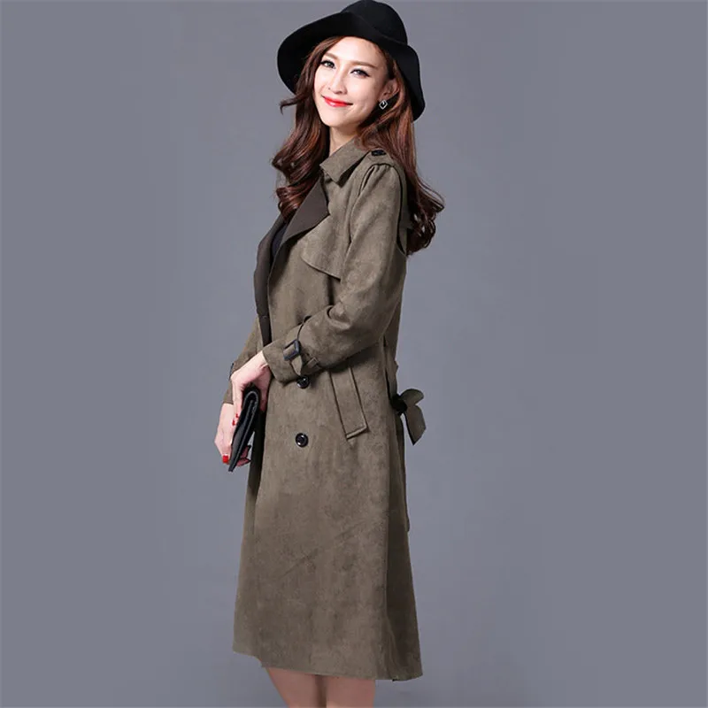 

Autumn Plus Size S-6XL Suede Solid Color Women Coat Female Over Knee Thick Long Trench Coat Slim Elegant Windbreaker MZ2877