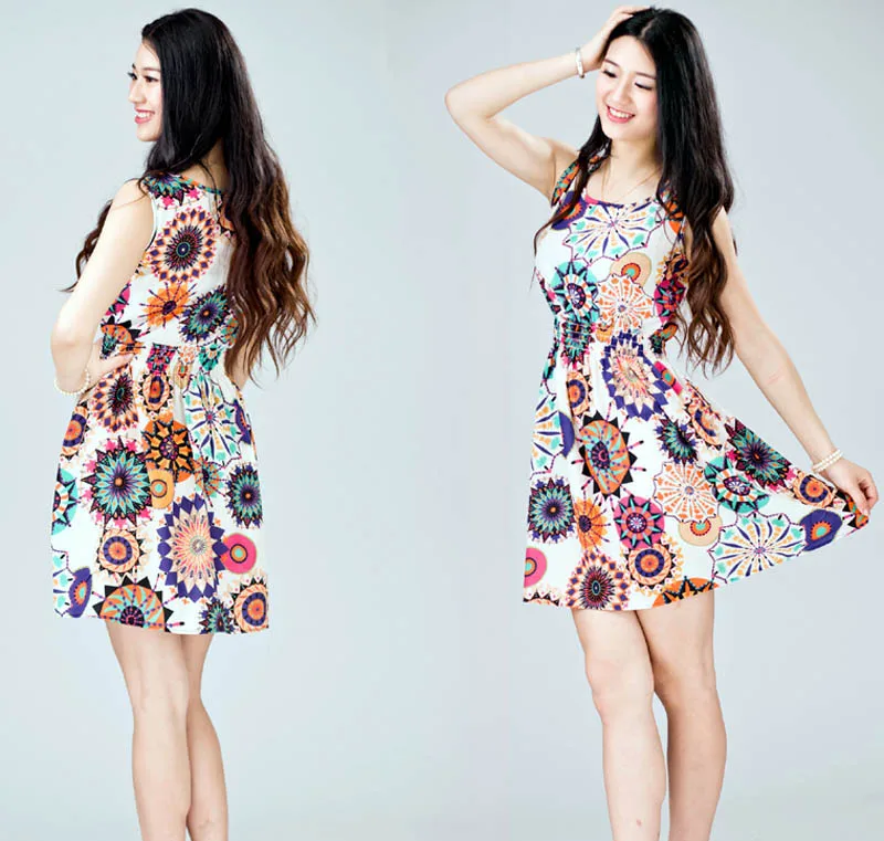 

Women Summer Sleeveless Sunflower Print Lady Casual Beach Mini Dress Ladies Hot Sale Mini High Waist Dress