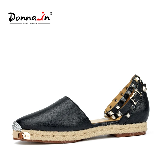 Donna-in Rope Sole Women's Shoes Genuine Leather Shoes for Women Metallic Rivets Flats Natural Cow Leather 2018 Spring New Colle
