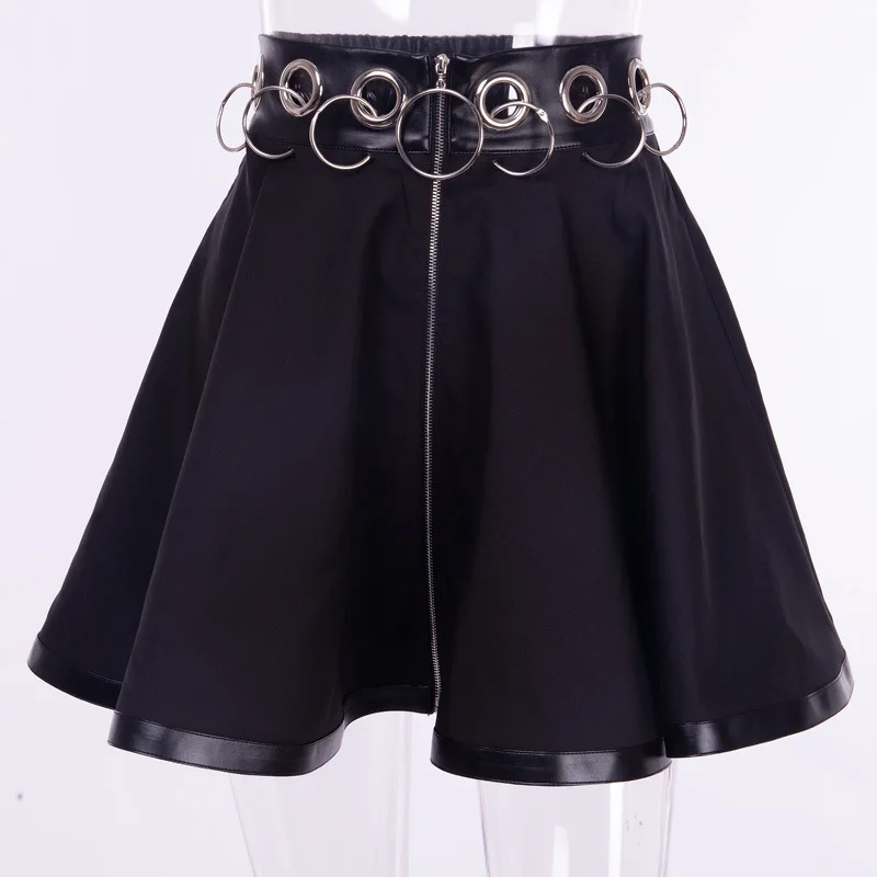 Женская юбка на молнии, трапециевидная мини-юбка с высокой талией, готическая юбка с вырезами и железными кольцами, стильная черная клубная юбка - Цвет: black