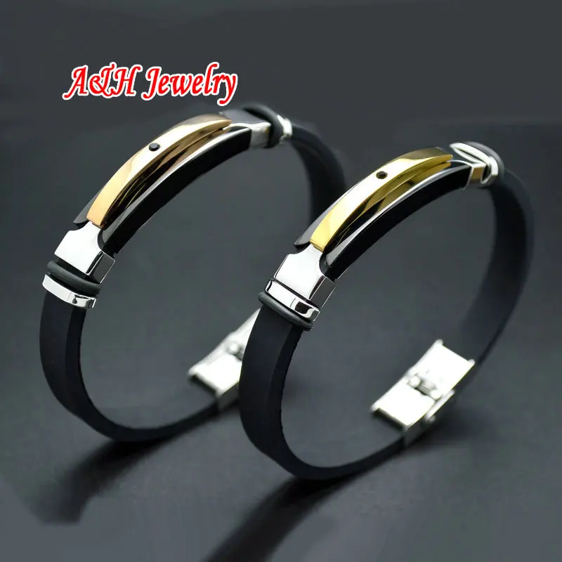 

New Design Rose Gold Color Stainless Steel Bangles 8'' Rubber Leather Men Bracelets Jewelry Christmas Gift 4pc/lot