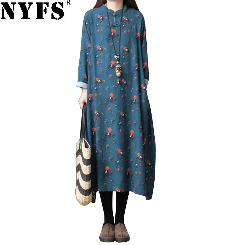 

NYFS 2019 New Style Spring Autumn Vintage Cotton Linen Women Dress Loose comfortable Printing Long Dress Vestidos Robe Dresses