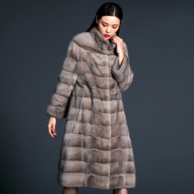 LTGFUR Winter Women's Print Red Flower Mink Coat Contrast Color Real Fur Coat Turn-Down Collar X-Long Loss Mink Coats
