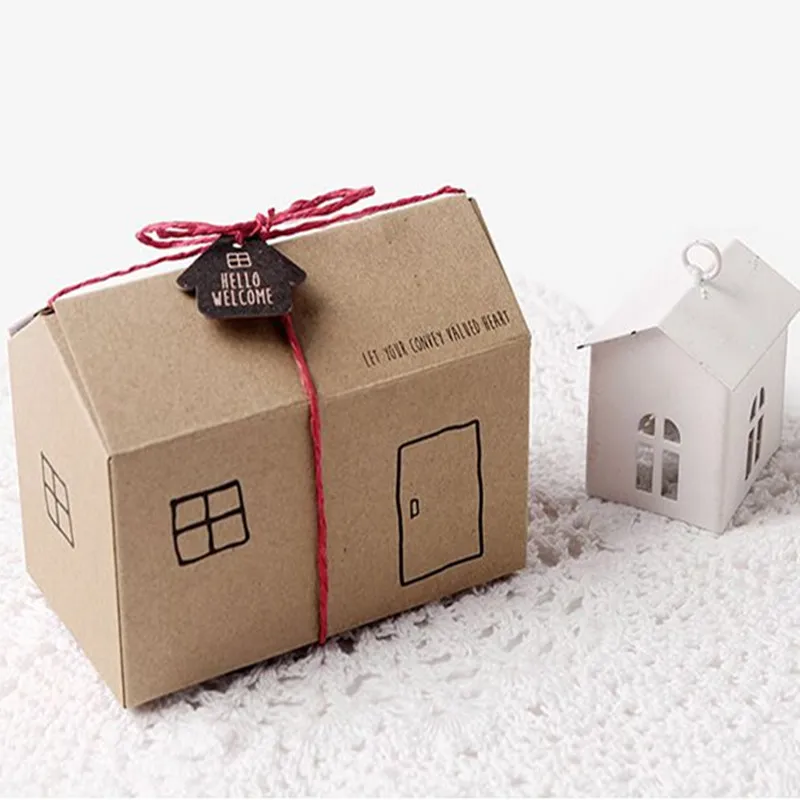 

20pcs Cute Small House Shape Baby Shower Candy Boxes Baking Packaging brown /White Wedding Party Favor Candy Gift Box