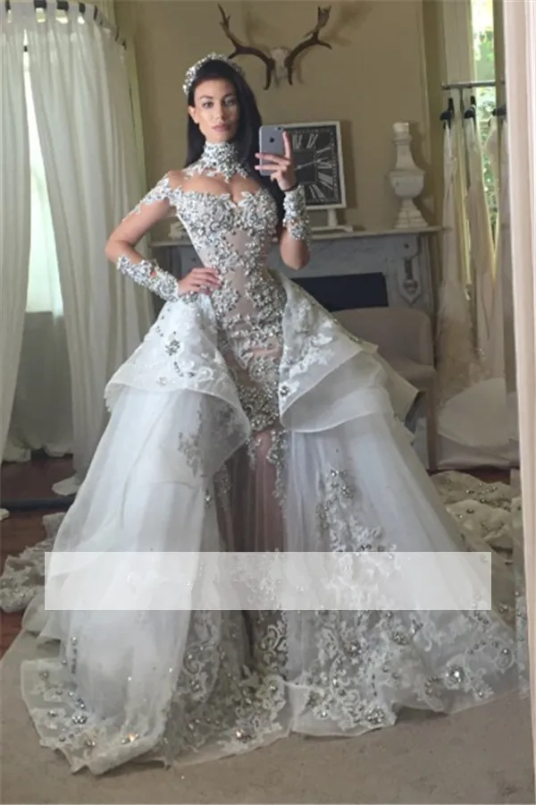 Серебряное платье Vestido De Noiva мусульманское свадебное платье Русалка Длинный рукав кружево кристаллы Дубай Арабский свадебное платье свадебные платья