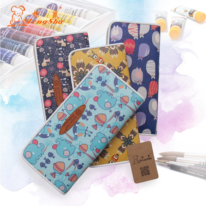 

Womens Long Style Cartoon Cat Elephant Wallet Cartoon Genuine Leather buckle Purse Girls Wrapped edge Card Holder sketching bag