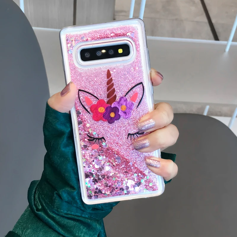 YHBBCASES Единорог каблуки мягкий чехол для samsung Galaxy S8 S9 S10 Plus Note 8 9 динамические жидкие блестящие чехлы с сердцем для iPhone 6S 7