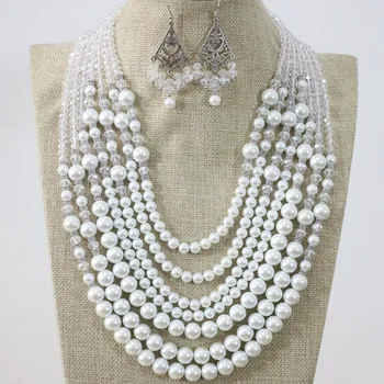 

Anniversary 7 rows necklace earrings white round shell simulated-pearl rhinestone crystal abacus elegant jewelry B1296