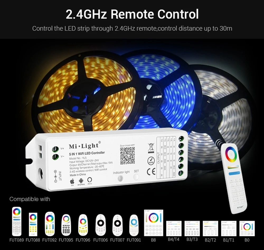 Milight YL5 2,4G 15A 5-в-1 Wi-Fi светодиодный контроллер для Светодиодный свет с 2,4G пульт дистанционного управления fut089 fut088 wifiibox B8 B0 T4 T1 YT1