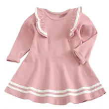 Зимнее однотонное теплое модное праздничное платье принцессы в полоску с длинными рукавами и оборками для маленьких девочек топы F4