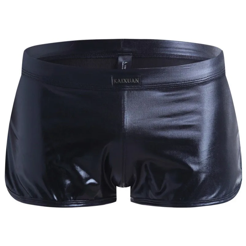 

Sexy Men Boxers Faux Leather Stage U Convex Pouch Gay Underwear Male Panties Lingerie Solid Cool Mens Boxer Shorts Cuecas
