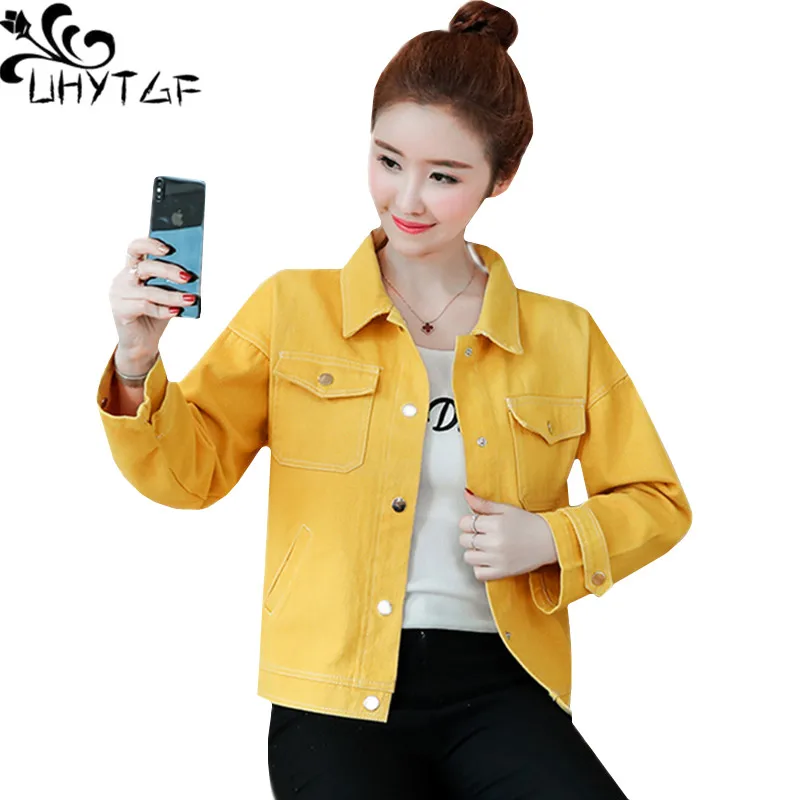 

UHYTGF Casual Jeans Jacket Women Spring Autumn Denim Jacket Red Yellow Short Outerwear Loose Size Tops Coat Jaqueta Feminina 442