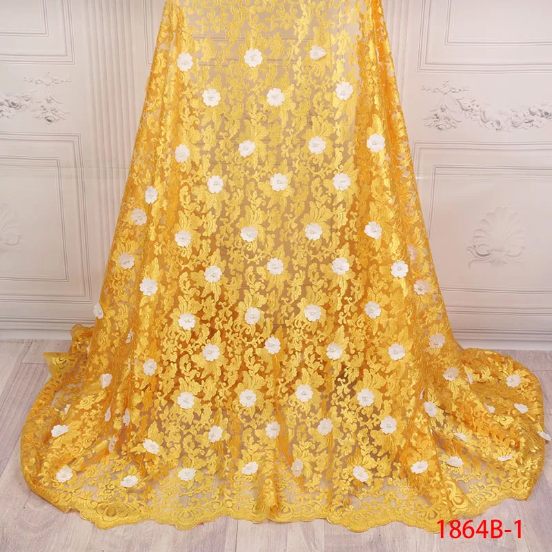 

3DFlowers Lace Fabric 2018 High Quality Embroidered Trim Beaded Tulle Lace Fabric Yellow African Lace Fabric For Women XZ1864B-1