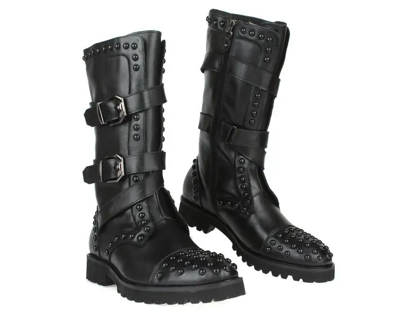 Pic Style Longues Mâle Cuir Livraison Personnalité Noir Plat Ronde Rivet En Hommes Bottes Angleterre As Chaussures Orteils Gratuite FTKJ13lc