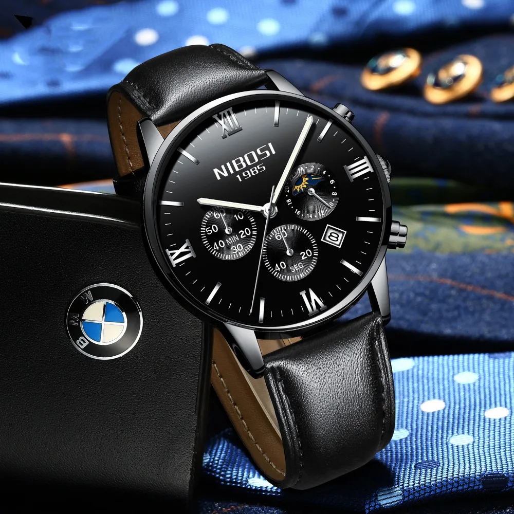 Montre Homme Marque De Luxe NIBOSI 2018 Men Watch Brand Luxury Leather Watch Men Waterproof With Moon Phase Blue Man Clock Saat  (20)
