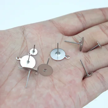 

100pcs/lot Surgical Stainless Steel Blank Stud Earring Posts with 5 6 8 10mm Glue Pads and Loop for DIY Jewelry Making Supplier