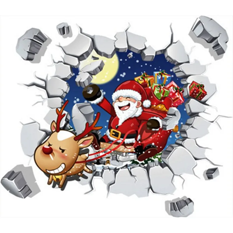 Christmas decorations mural 3d Santa Claus broke wall into kids rooms