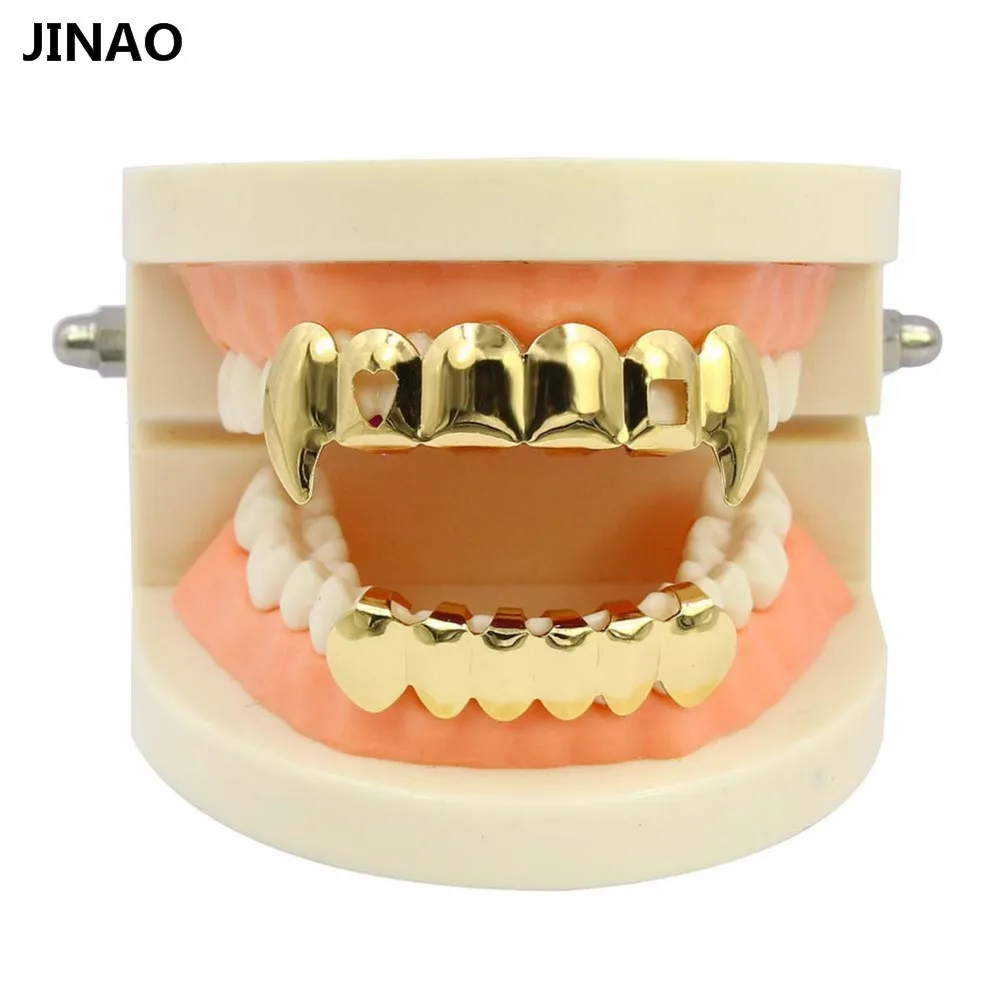 JINAO хип-хоп золотые зубные грилли верхние и нижние грили зубные рот Панк зубы шапки Косплей вечерние вампирский зуб рэппер ювелирные изделия подарок