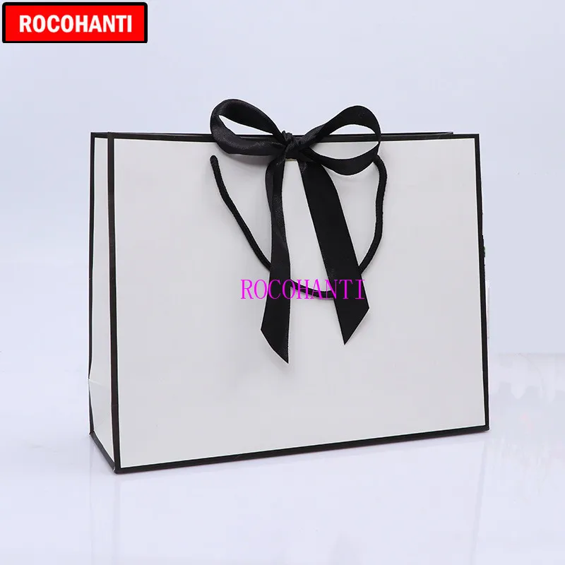 

100X Custom LOGO Printed Luxury Gift Shopping Paper Bag Black Frame White Paper Bags with Lovely Bowknot Ribbon Design