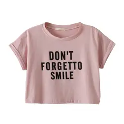 Летние Повседневное футболка Для женщин хлопок o-образным вырезом розовый регулярного с короткими рукавами пупочной Футболка Письмо