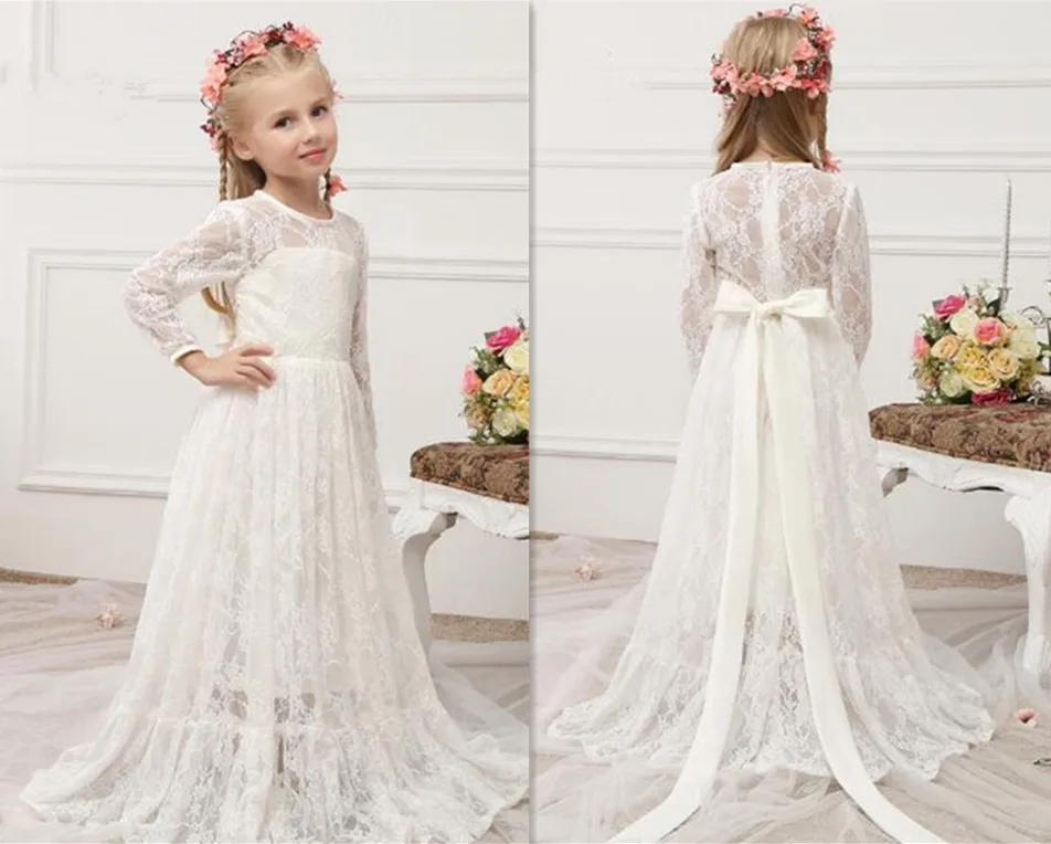 

New Vintage Lace Flower Girl Dresses Long Sleeves Cute Floor Length Girls First Communion Dresses Any Size Free Shipping