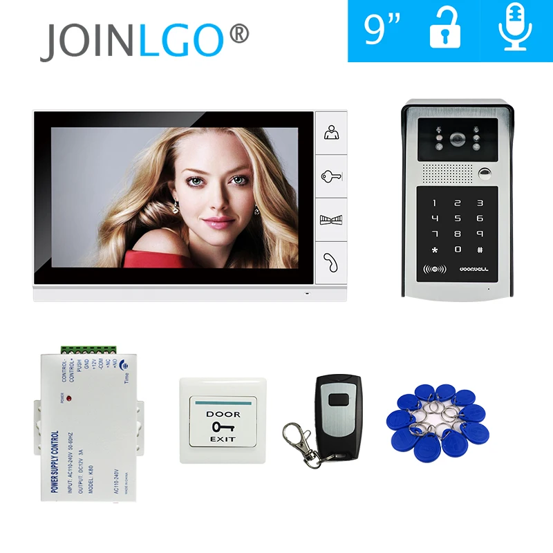 Free Shipping 9 inch LCD Screen Video Door Phone Intercom Kit + Outdoor RFID Code Keypad Number Doorbell Camera + Remote + Power