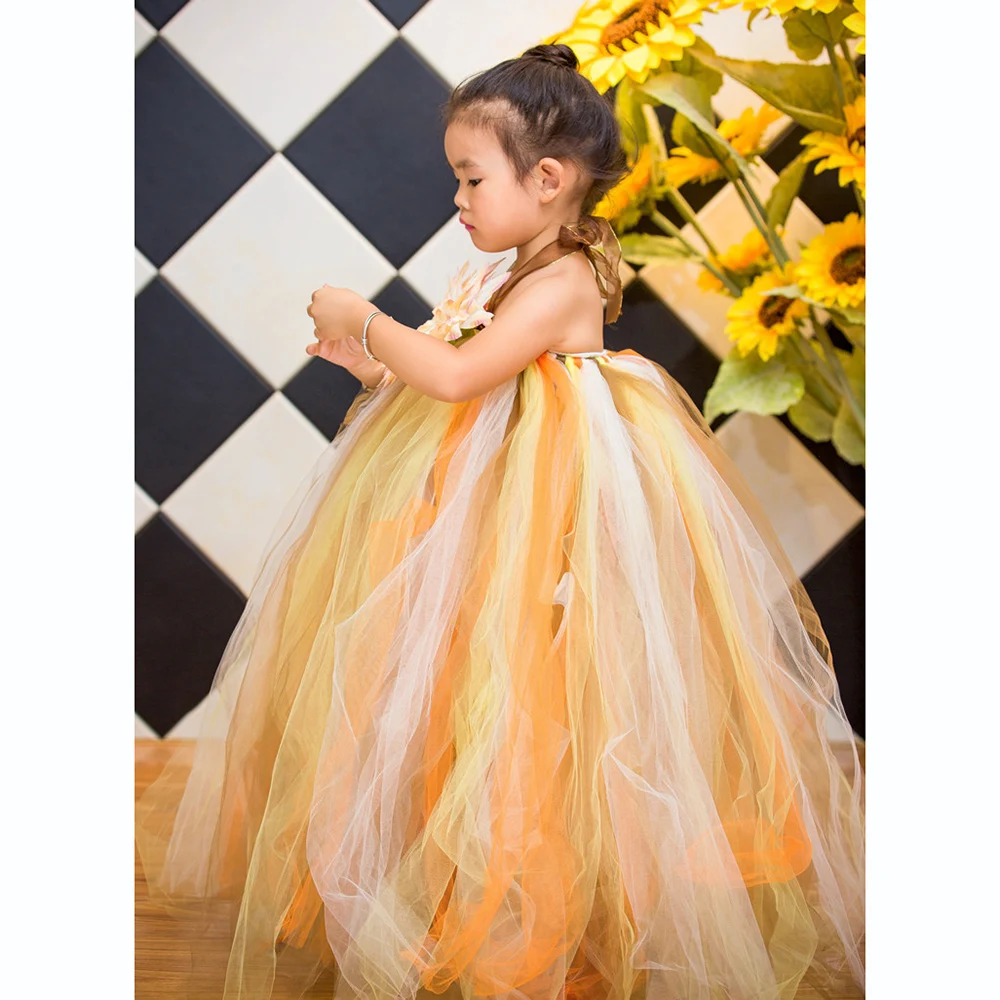 Halloween Scarecrow Costume for Girls Sunflower Dress Ankle Length Pumpkin Thanksgiving Carnival Tutu Dress Ball Gowns Children (8)