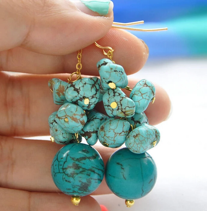 

A 16mm blue baroque round turquoise bead dangle grape earring